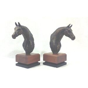 Mid-Century Brutalist Horse Book Ends on Teak Bases Equestrian